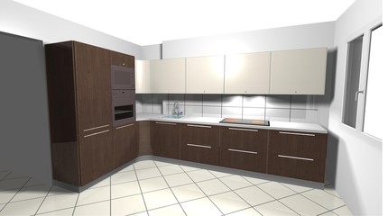 beige modern kitchenbrown wooden 3D rendering