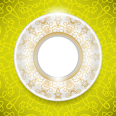 Ceramic Ornamental  Plate Isolated on Yellow Background. Top View
