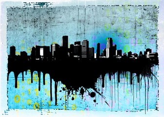 Grunge blue dripping city skyline