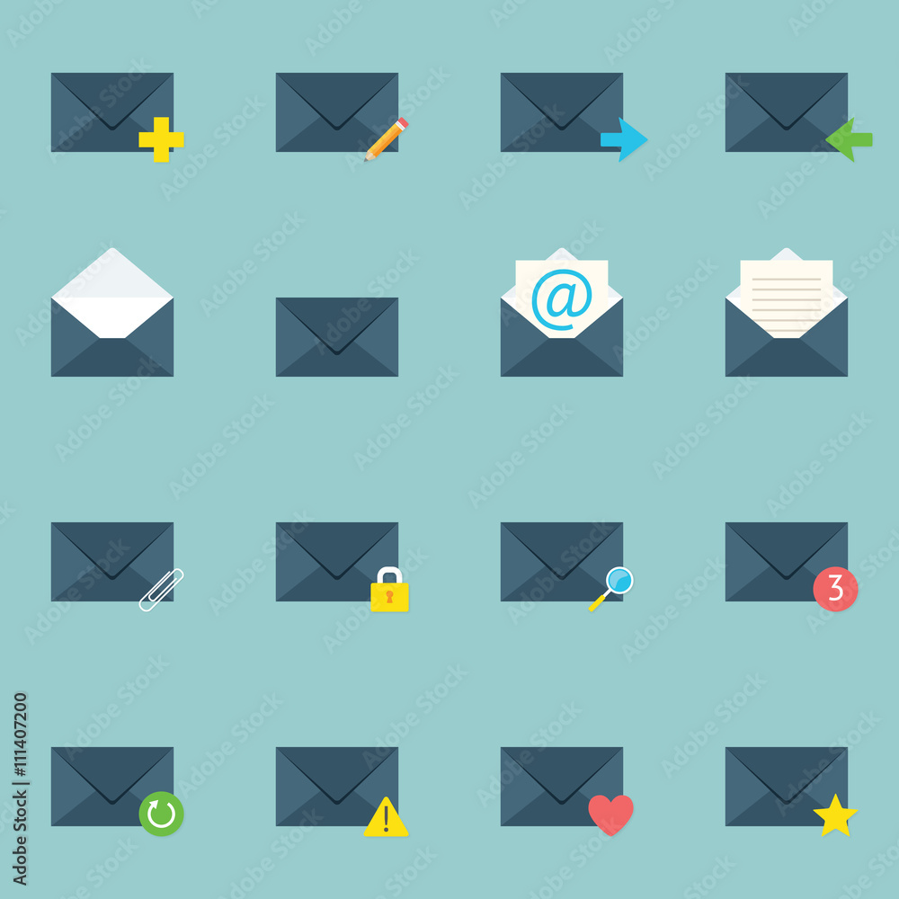 Poster flat design vector email icon set for web and mobile apps