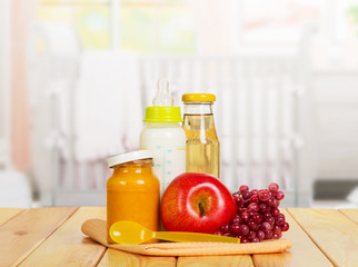 Healthy baby food  on the background of  kitchen.