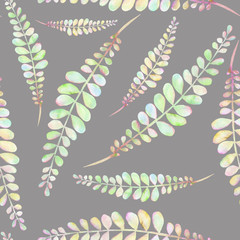 Seamless floral pattern with the abstract watercolor green and pink branches, hand drawn on a grey background
