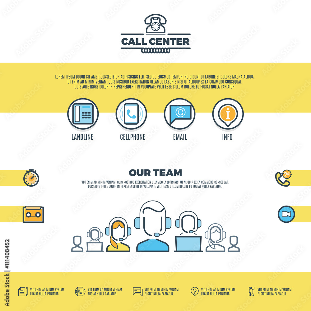 Poster call center support, customer service. vector web page design template