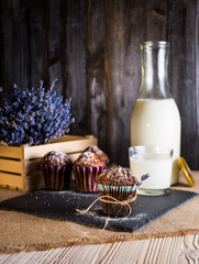 Лавандовое настроение/Fresh baked on a stone pedestal, buckten lavender in the background and a glass of milk and a bottle