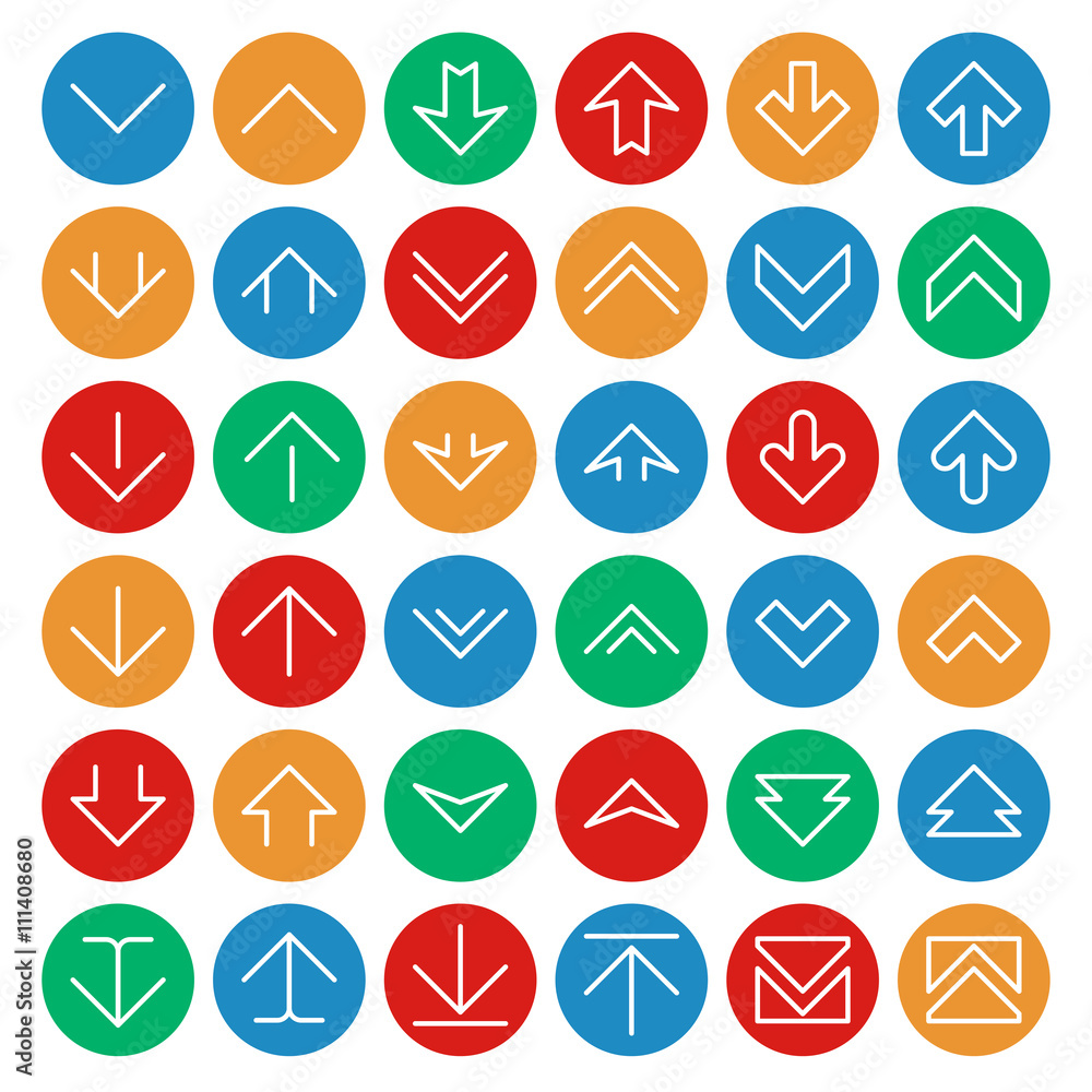Aufkleber vector up and down arrows on circle color buttons. download upload symbols