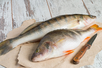  Fresh fish.   Fresh fish and a knife on a paper on a light wooden background.