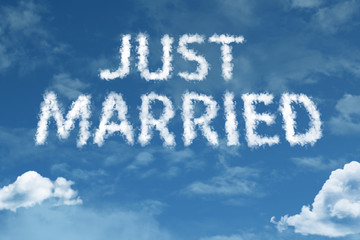 Just Married cloud word with a blue sky