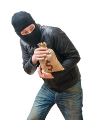 Thief or robber is stealing bag full of money with dollar sign.