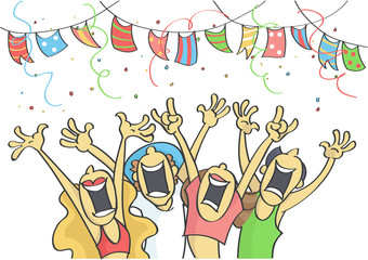 Funny cartoon illustration of group of people partying.