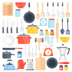 Vector kitchen tools set. Kitchenware collection. Lots of kitchen tools, utensils, cutlery. Modern flat design vector illustration