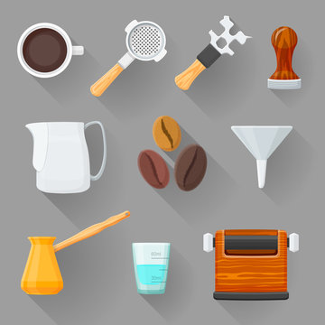 colorful barista equipment illustration set.