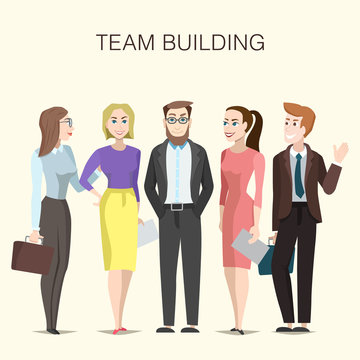 Team building illustration with cartoon men and women characters.