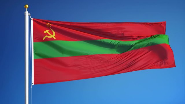 Transnistria flag waving in slow motion against blue sky, seamlessly looped, close up, isolated on alpha channel with black and white luminance matte, perfect for film, news, digital composition