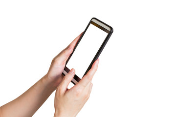 Close up hand woman using phone on isolated with clipping path.