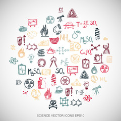 Multicolor doodles Hand Drawn Science Icons set on White. EPS10 vector illustration.