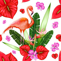 Seamless Pattern with Exotic Tropical Flower and Flamingo