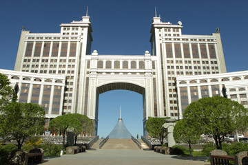 city, Astana, capital, arch, Kazakhstan, building, classicism, symmetry, contemporary, park, trees, summer, day, hot, sun, sky, blue, travel, tourism, vacation
