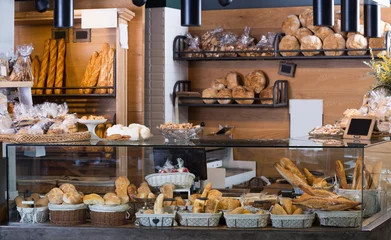 Wall murals Bakery Display of ordinary bakery with bread and buns