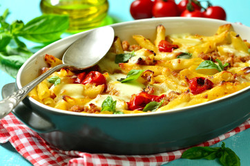Baked pasta bolognese.