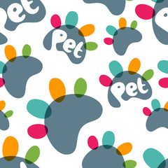 Vector seamless pattern with colorful paws and hand drawn letters. Concept for pet shop, zoo shop, pets care and goods for animals.