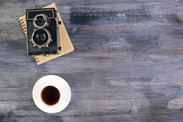 Desktop with coffee and camera