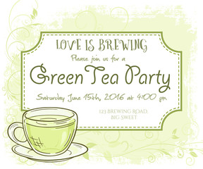 vector hand drawn green tea party invitation card, vintage frame, glass and leaves