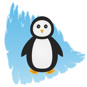 Cartoon penguin on an abstract blue background, depicting an ice