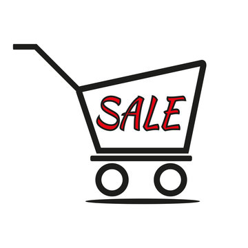 Schematic illustration a black shopping trolley and red inscript