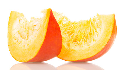 Chunks fresh ripe pumpkin isolated on white background.