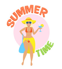 summer time illustration,beautiful woman in bikini with cocktail
