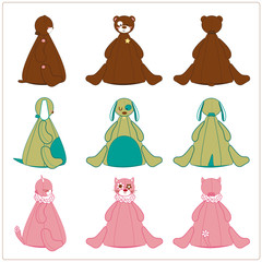 Cute animal beanbag cartoon character of bear dog and cat isolated on white background