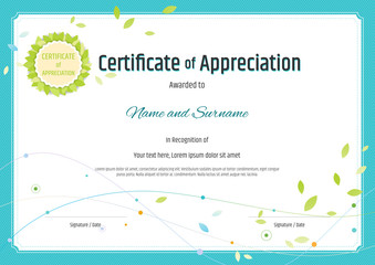 Certificate of appreciation template in nature theme with green leaf