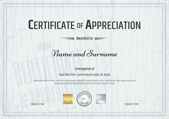 Certificate of appreciation template with grey wooden background