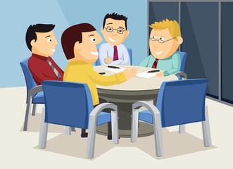 Interior of meeting room. Company staff training. Manager explaining business strategy. Vector cartoon simple illustration.