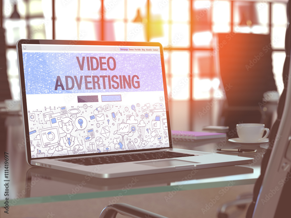 Poster modern workplace with laptop showing landing page in doodle design style with text video advertising