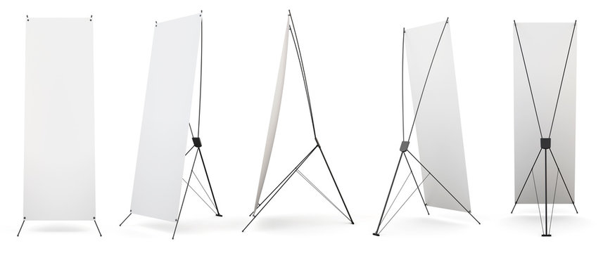 Set of banner x-stands display isolated on white background. 3d render image.