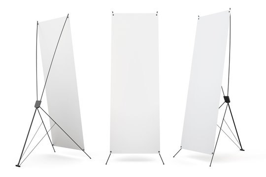 Set of blank banner x-stands display isolated on white background. 3d render image.