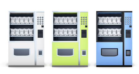 Set of machine for sale of snacks isolated on white background. White, blue, green. Front view. 3d rendering