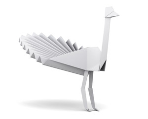 White paper peacock isolated on white background. Origami model. 3d render image