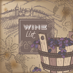 Color wine list template with castle, vineyard and grapes