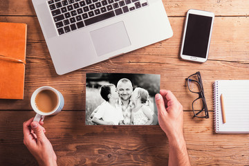 Fathers day composition. Black-and-white photo. Office desk.