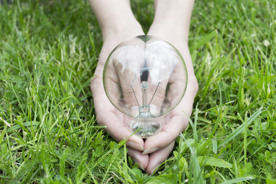 Female hand with a light bulb on a green grass
