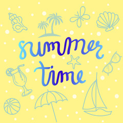 Fototapeta na wymiar Summer Time Abstract Background. Hand Lettered Text with Illustrations of Balls, Sunglasses, Palms, Boats and more.