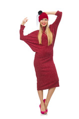 Woman in bordo dress isolated on white