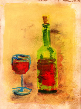 Mixed media painting of glass and bottle of red wine