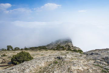 View from the rocky top of the mountain above the clouds. Crimea, Sudak