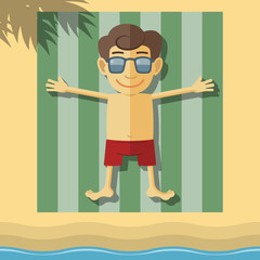 Cartoon boy taking sunbath on the beach widely spreading out his hands