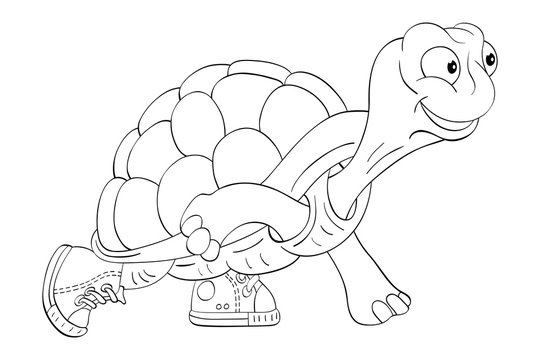 Black and white illustration of cartoon turtle in sneakers