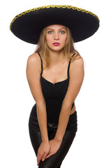 Woman wearing sombrero on the white