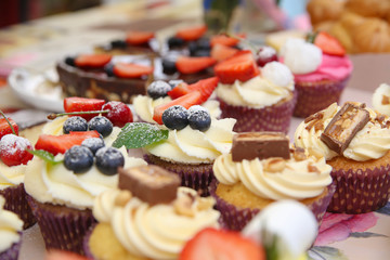 Delicious vanilla cupcake with strawberry frosting and fresh strawberries and blueberries